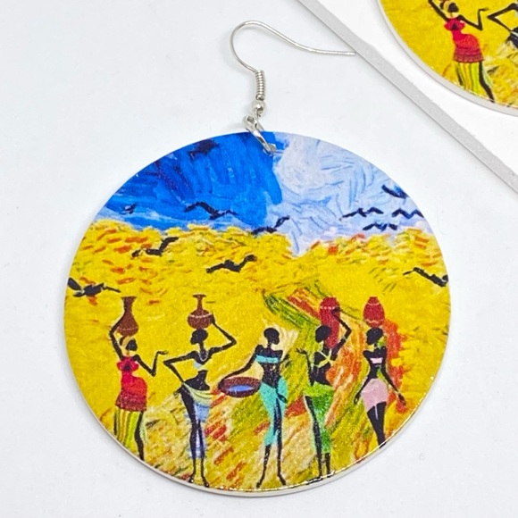 2/$25💛 Yellow Painted African Art Wooden Earrings - Picture 7 of 8
